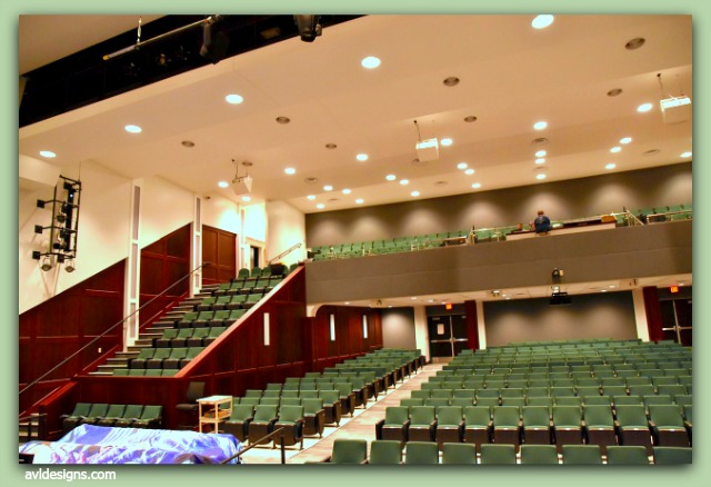 Main auditorium of Newfield High School where AVL Designs Inc. were contracted to design new stage rigging, lighting, audio, video and do acoustic room corrections. 
