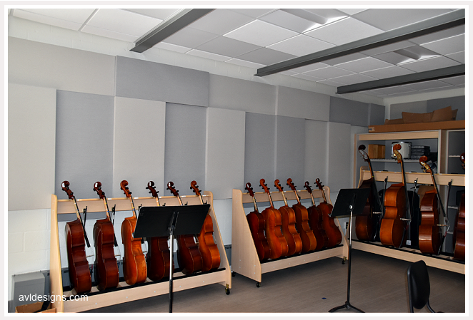 Williamsville's Heim Middle School music room with cellos in storage. 