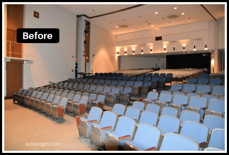 Empty theater auditorium with blue seats and a distant stage; 'Before' label indicates a pre-renovation view.