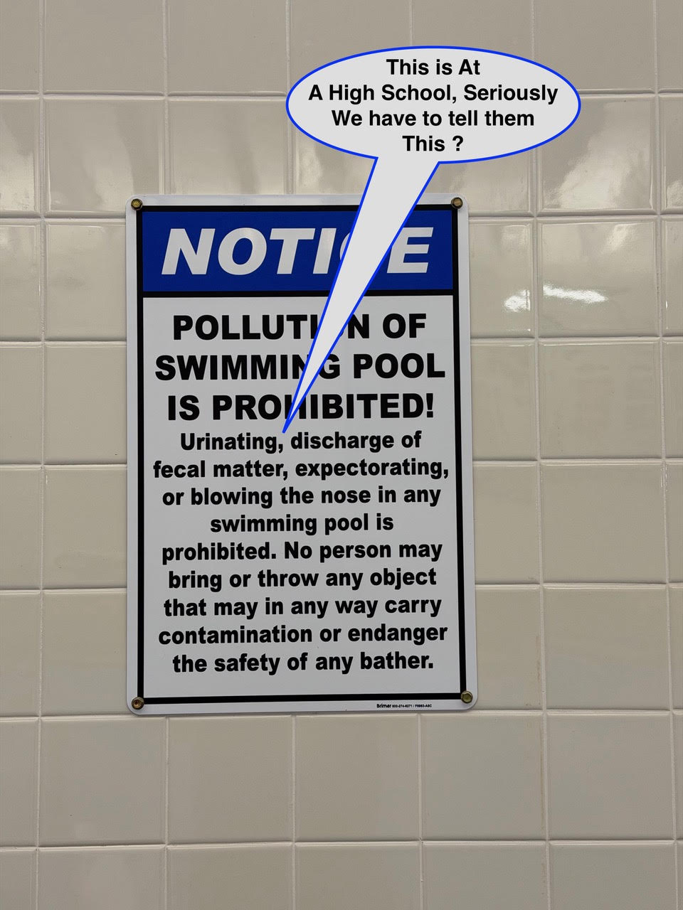 WOS August 10 Notice sign on a tiled wall prohibiting pollution of the swimming pool (urinating, fecal discharge, expectorating, or blowing the nose) with a speech bubble that reads, "This is At A High School, Seriously We have to tell them This ?"