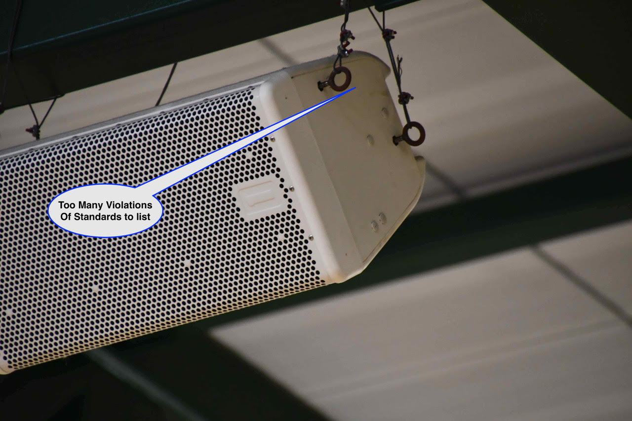 WOS August 4 Hanging ceiling speaker with a blue-outlined speech bubble reading, 'Too Many Violations Of Standards to list'.